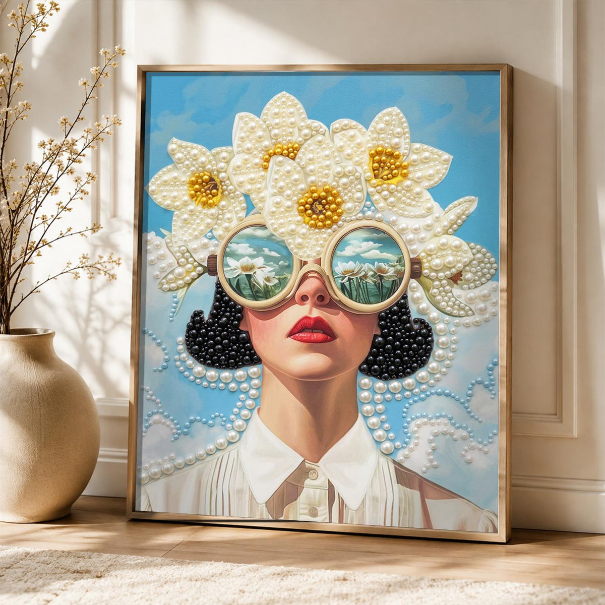 Daisy-Crowned Lady in Round Shades pearl painting – image 5