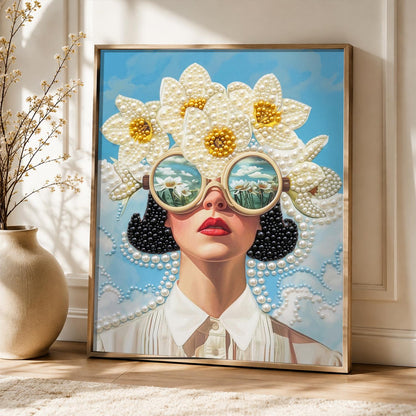 Daisy-Crowned Lady in Round Shades pearl painting – image 5