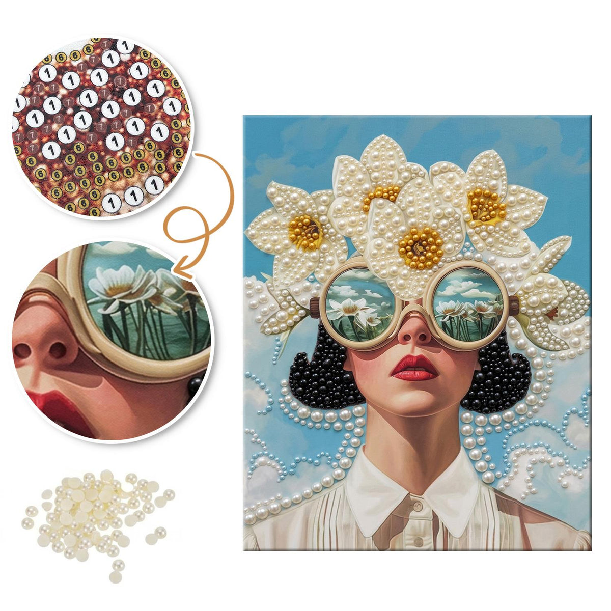 Daisy-Crowned Lady in Round Shades pearl painting – image 6