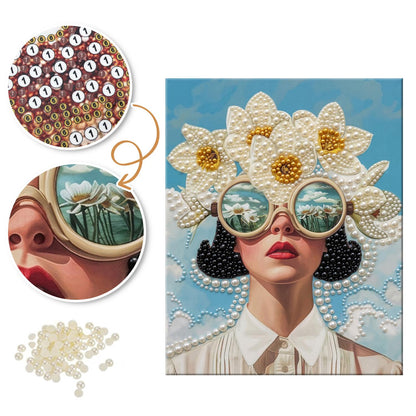 Daisy-Crowned Lady in Round Shades pearl painting – image 6