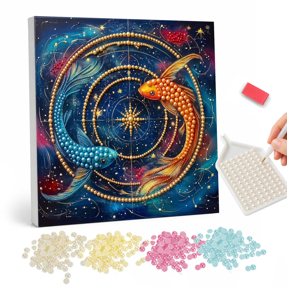 Koi Circling a Golden Astrolabe pearl painting – Orange koi and blue koi circling concentric golden celestial rings around a compass star in a starry sky