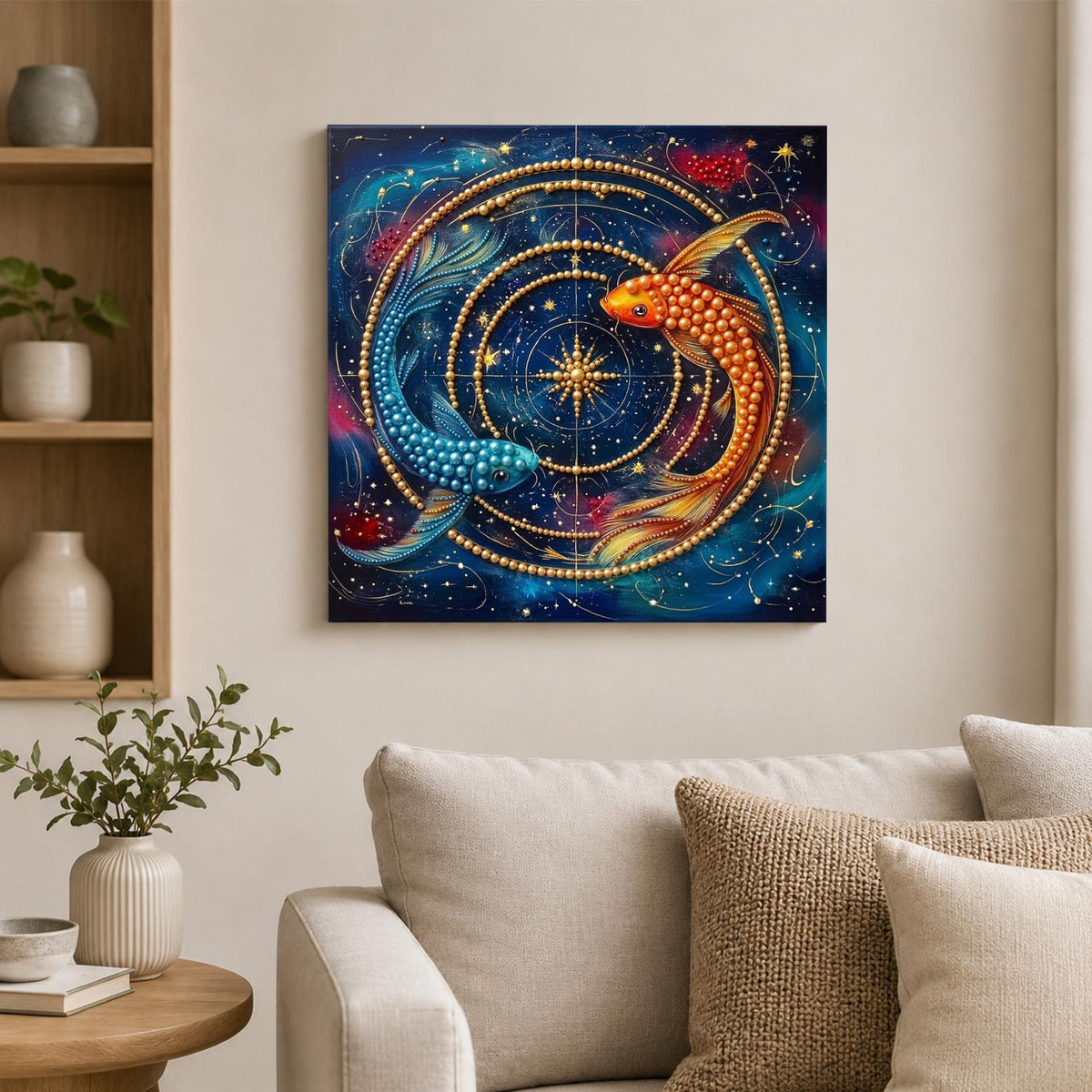 Koi Circling a Golden Astrolabe pearl painting – image 2