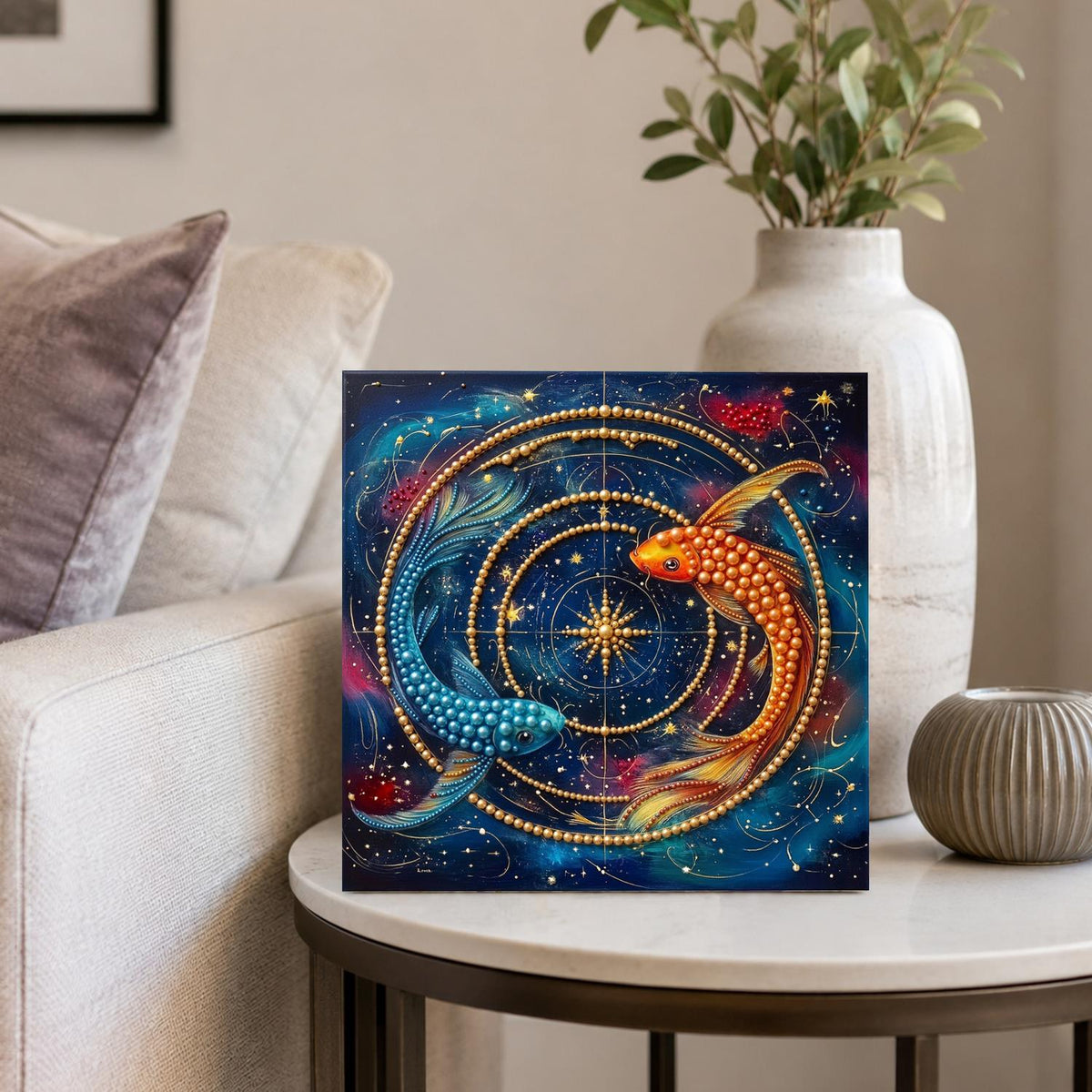 Koi Circling a Golden Astrolabe pearl painting – image 4