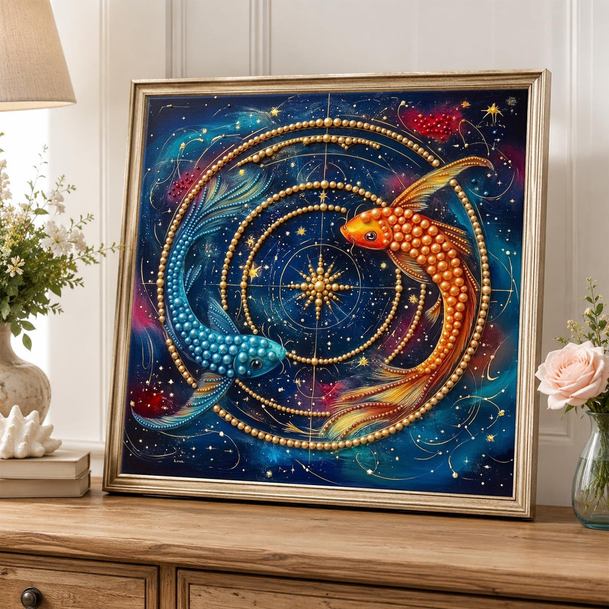 Koi Circling a Golden Astrolabe pearl painting – image 5