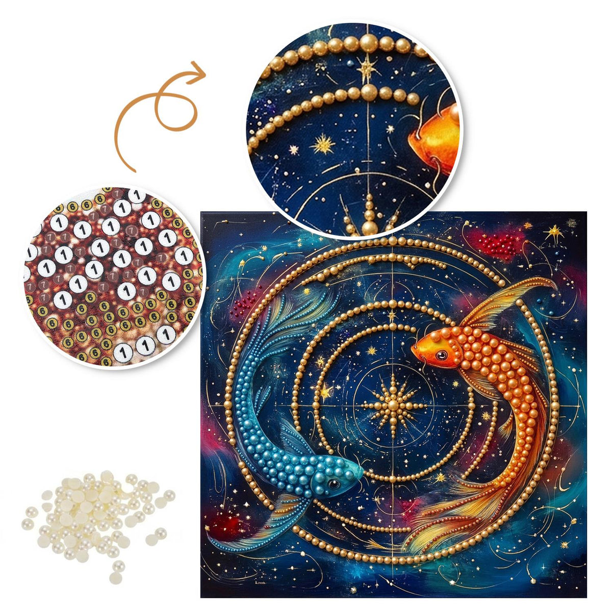 Koi Circling a Golden Astrolabe pearl painting – image 6
