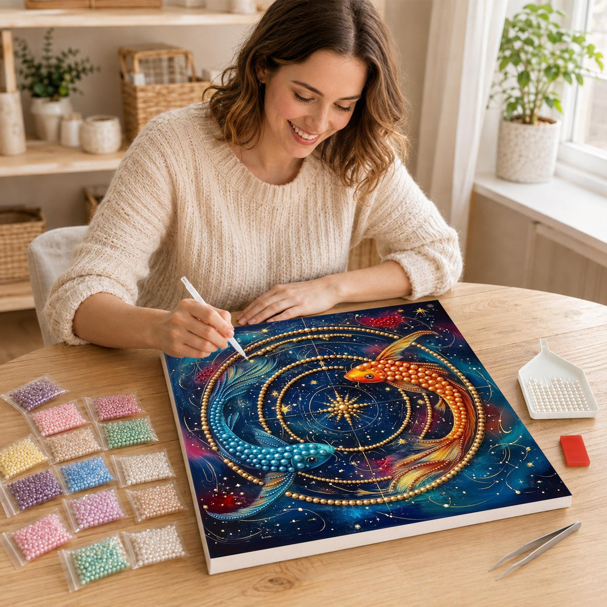 Koi Circling a Golden Astrolabe pearl painting – image 16