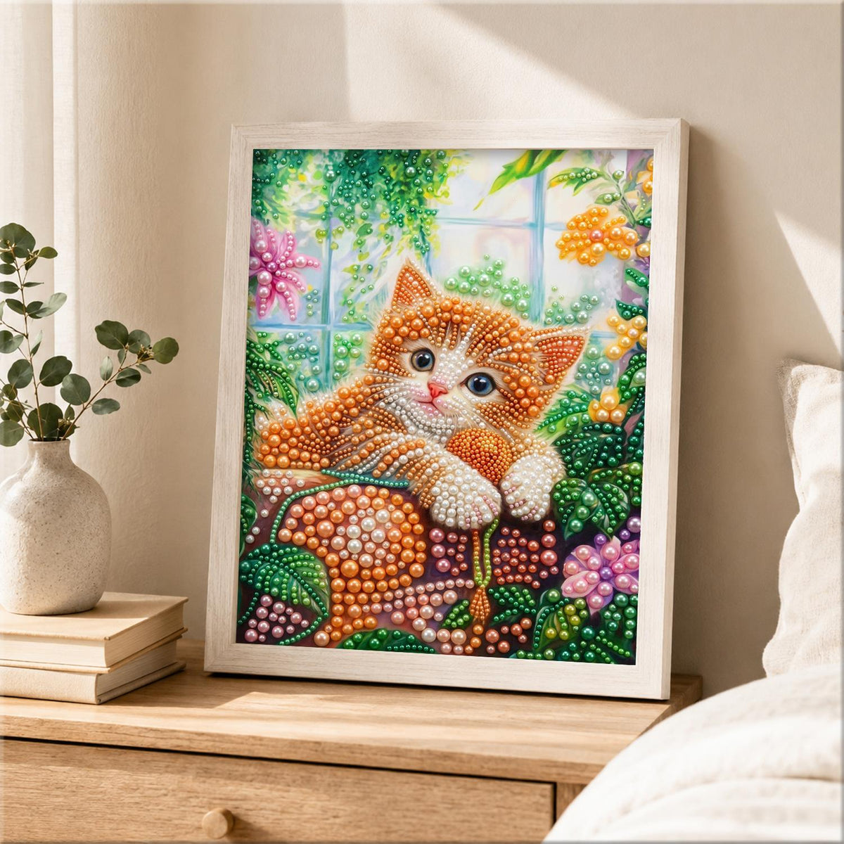 Ginger Kitten on a Mossy Ledge pearl painting – image 2