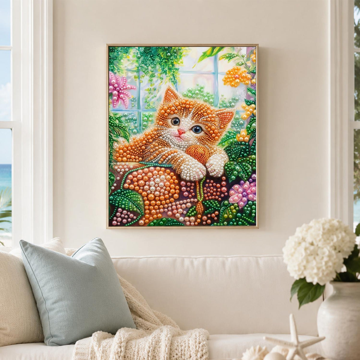 Ginger Kitten on a Mossy Ledge pearl painting – image 3