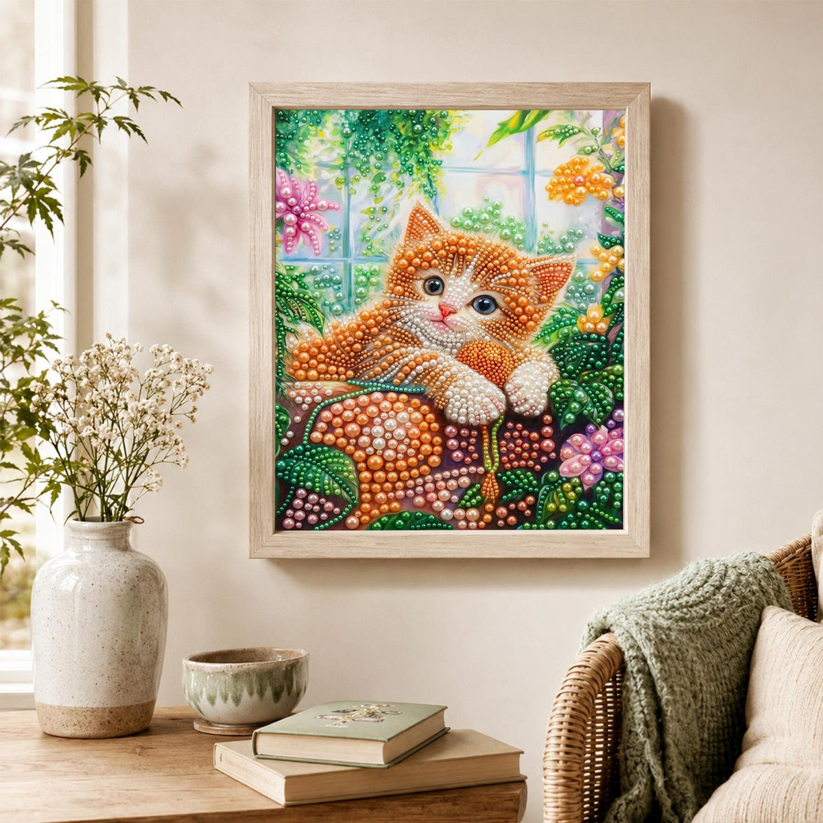 Ginger Kitten on a Mossy Ledge pearl painting – image 4