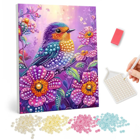 Jewel-Toned Bird in Pink Blooms pearl painting – Bright blue and orange songbird perched among big pink and magenta flowers on a purple background