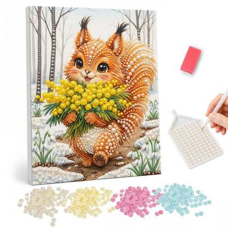 Fluffy Squirrel's Mimosa Gift pearl painting – Big-eyed fluffy squirrel holding a bouquet of yellow mimosa in a snowy birch forest