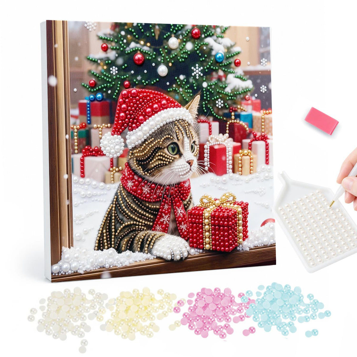 Tabby Cat by the Christmas Window pearl painting – Tabby cat in a Santa hat and red scarf leaning on a snowy windowsill beside a gift, tree behind
