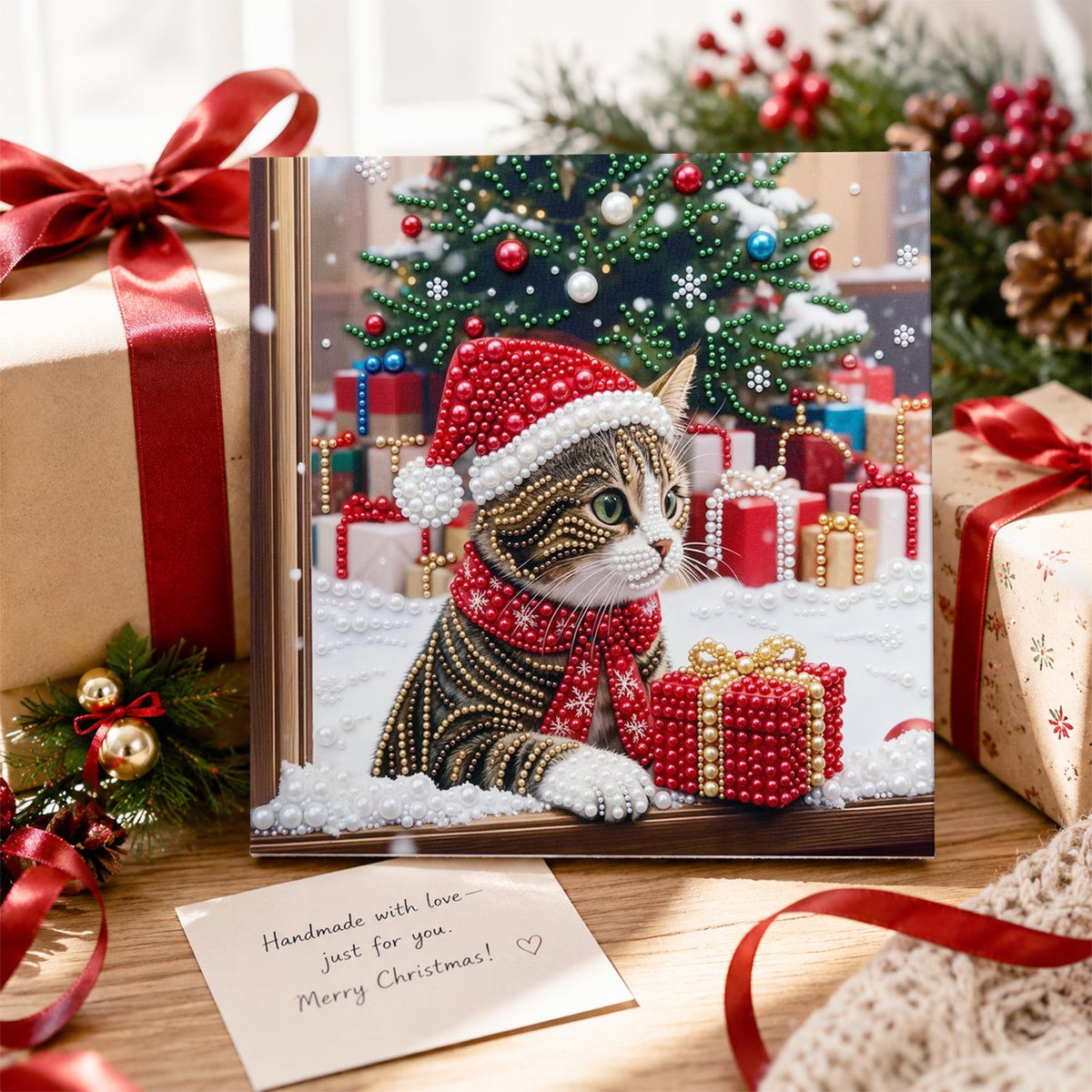 Tabby Cat by the Christmas Window pearl painting – image 2