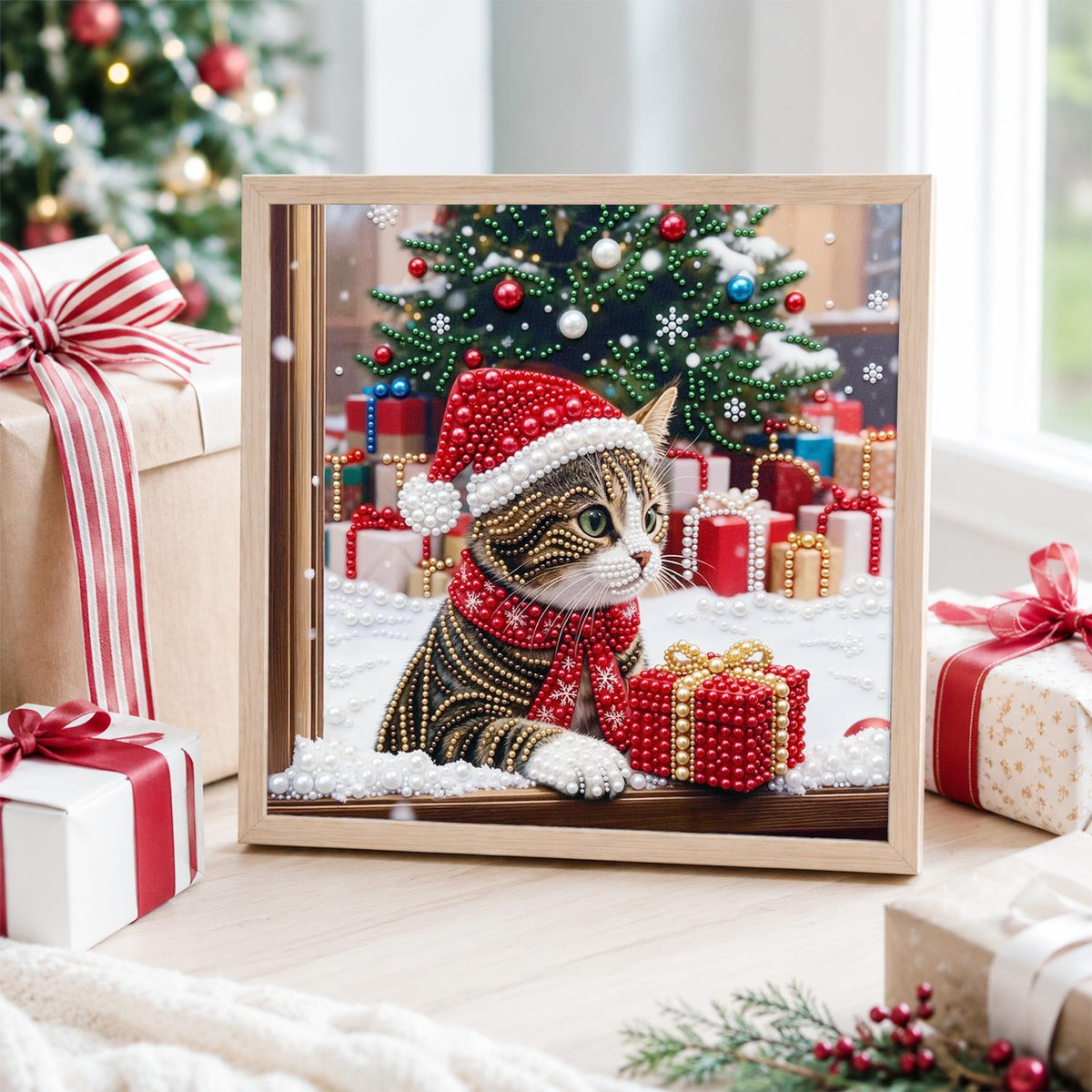 Tabby Cat by the Christmas Window pearl painting – image 4