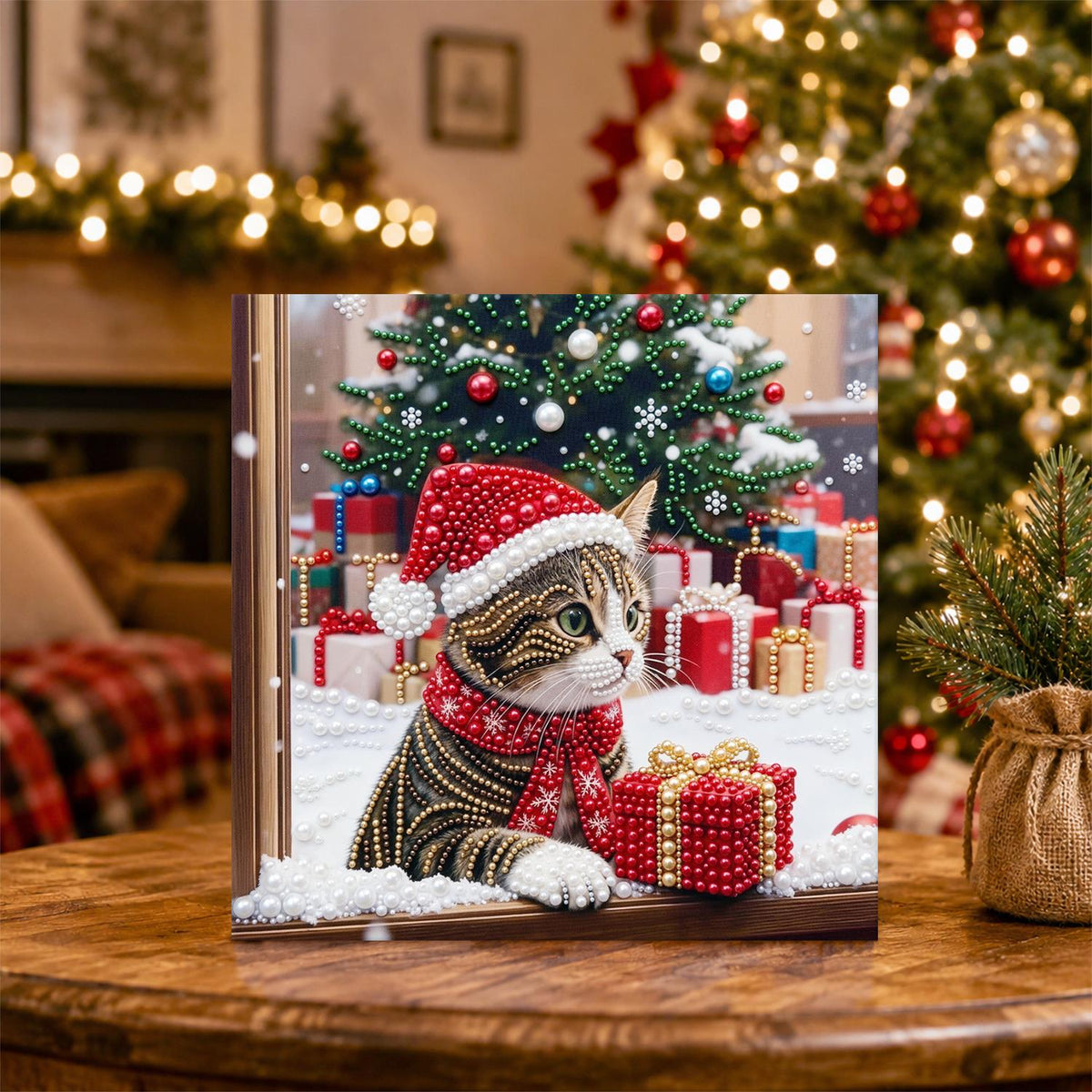 Tabby Cat by the Christmas Window pearl painting – image 5
