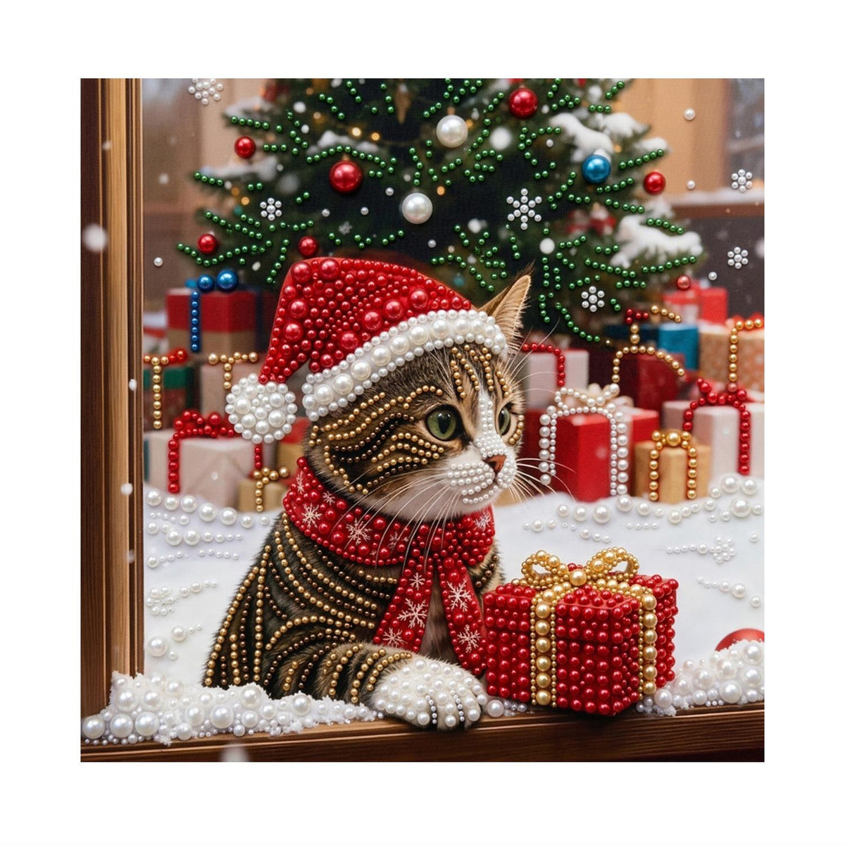 Tabby Cat by the Christmas Window pearl painting – image 11