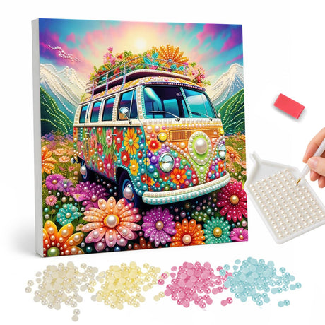 Flower Power Camper Van pearl painting – Vintage camper van covered in colorful flowers parked in a mountain meadow under a pink sky