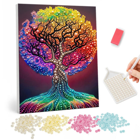 Gnarled Tree with Rainbow Leaves pearl painting – Gnarled tree with dark twisting branches and a canopy shading from yellow to pink, purple and teal