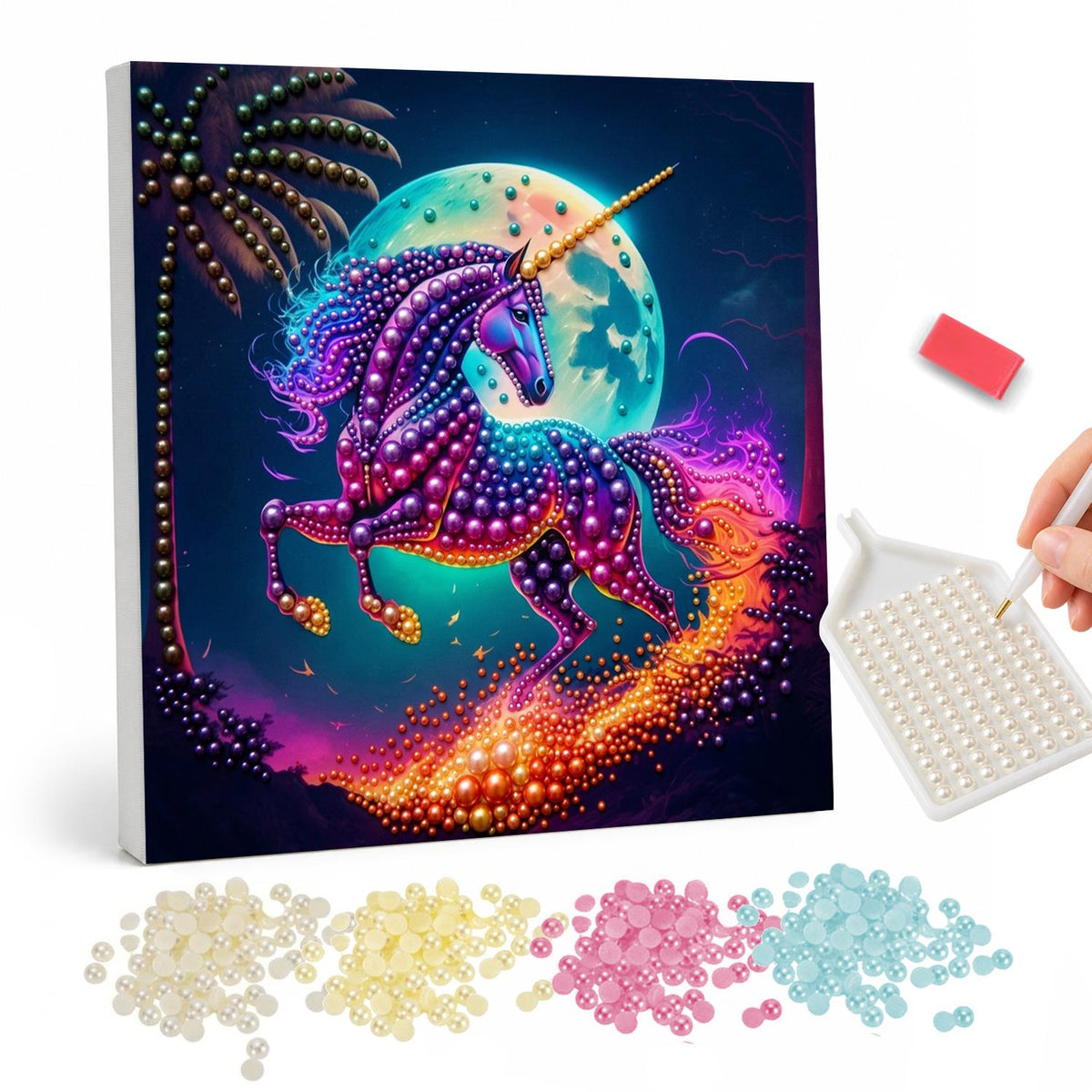 Violet Unicorn Racing the Moon pearl painting – Purple and blue unicorn galloping before a huge full moon, leaving a trail of orange sparks