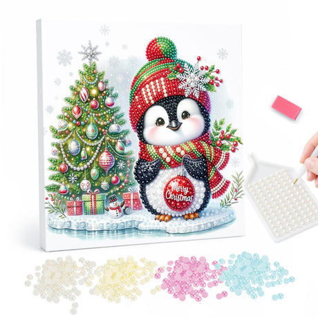 Penguin with a Merry Bauble pearl painting – Penguin in a red and green snowflake hat holding a Merry Christmas bauble beside a decorated tree