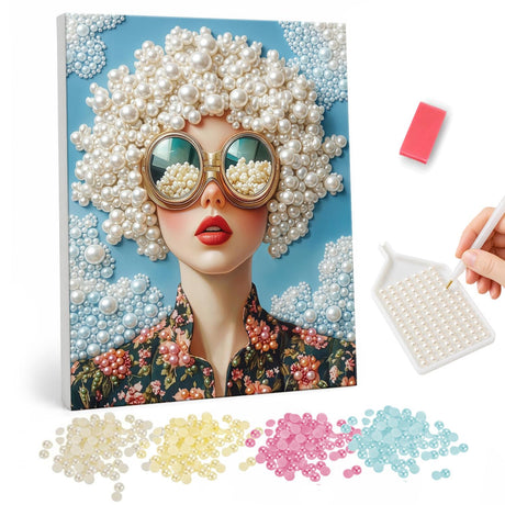 Cloud-Haired Lady in Big Shades pearl painting – Woman with a huge cloud of white beaded curls, oversized round sunglasses and red lips on a blue sky