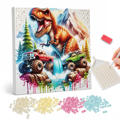 Dinosaur Rumble at the Waterfall pearl painting – Roaring orange dinosaur behind a red and a green monster truck at a mountain waterfall with drips below