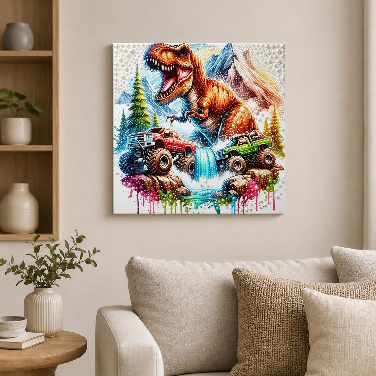 Dinosaur Rumble at the Waterfall pearl painting – image 2
