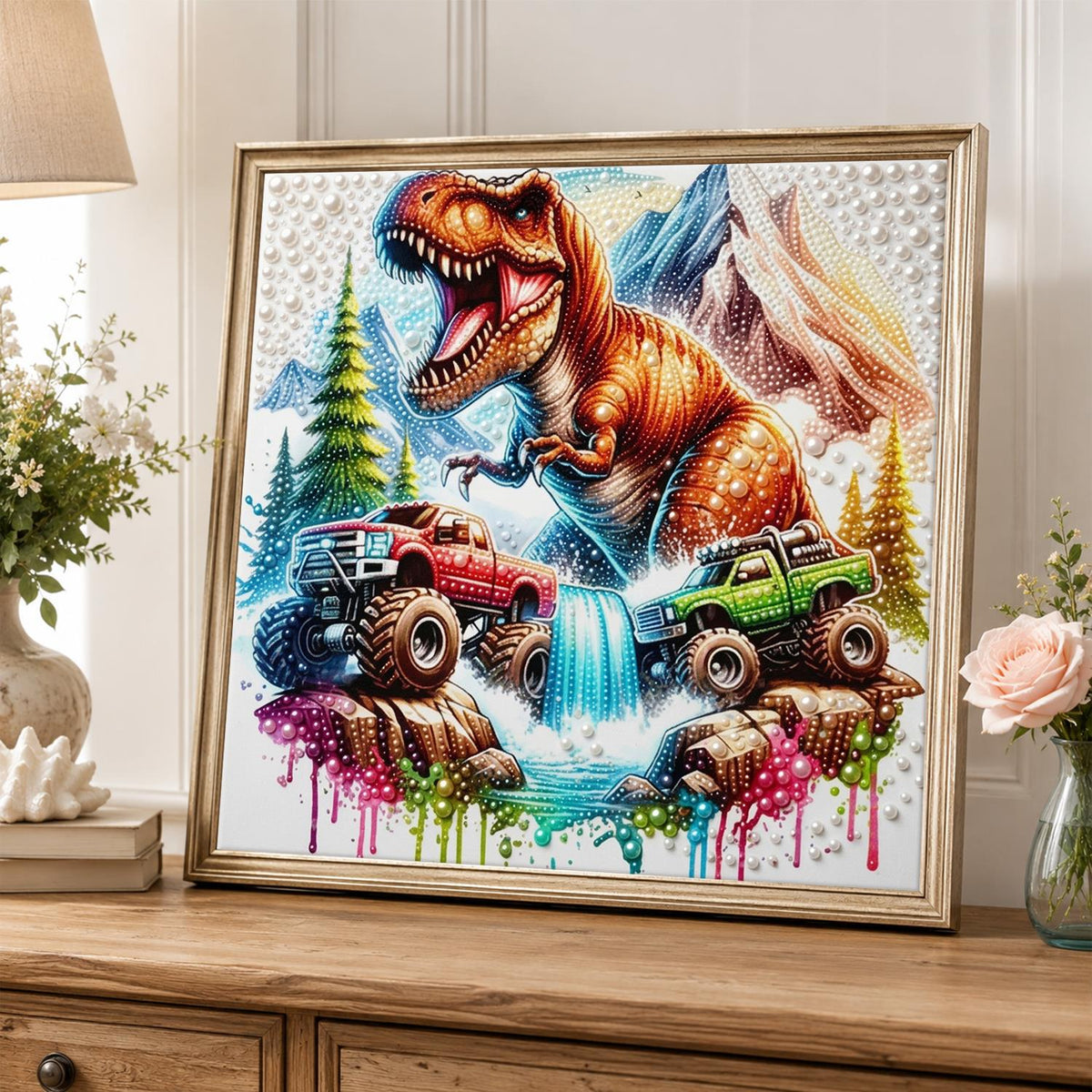 Dinosaur Rumble at the Waterfall pearl painting – image 5