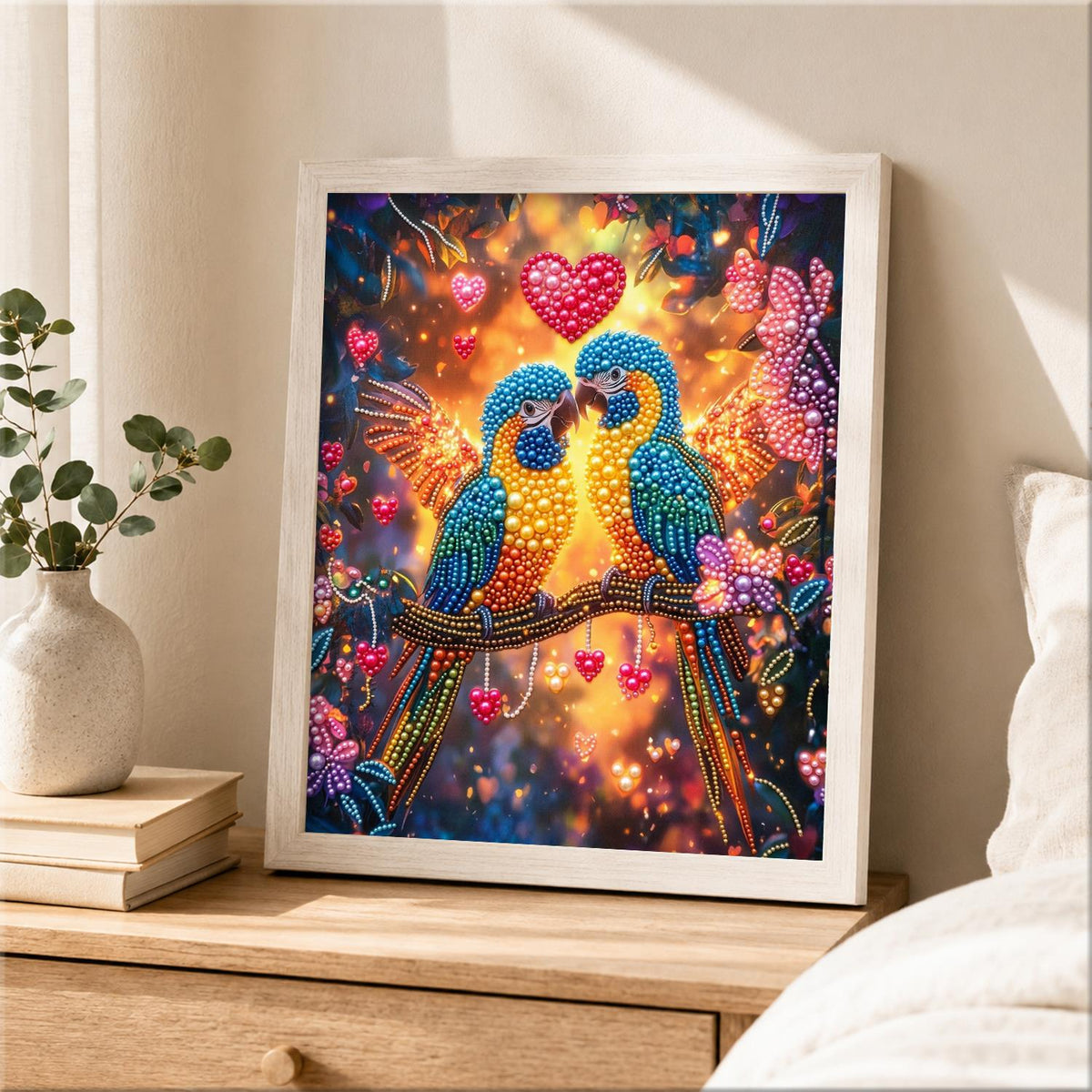 Macaw Sweethearts Under Red Hearts pearl painting – image 2