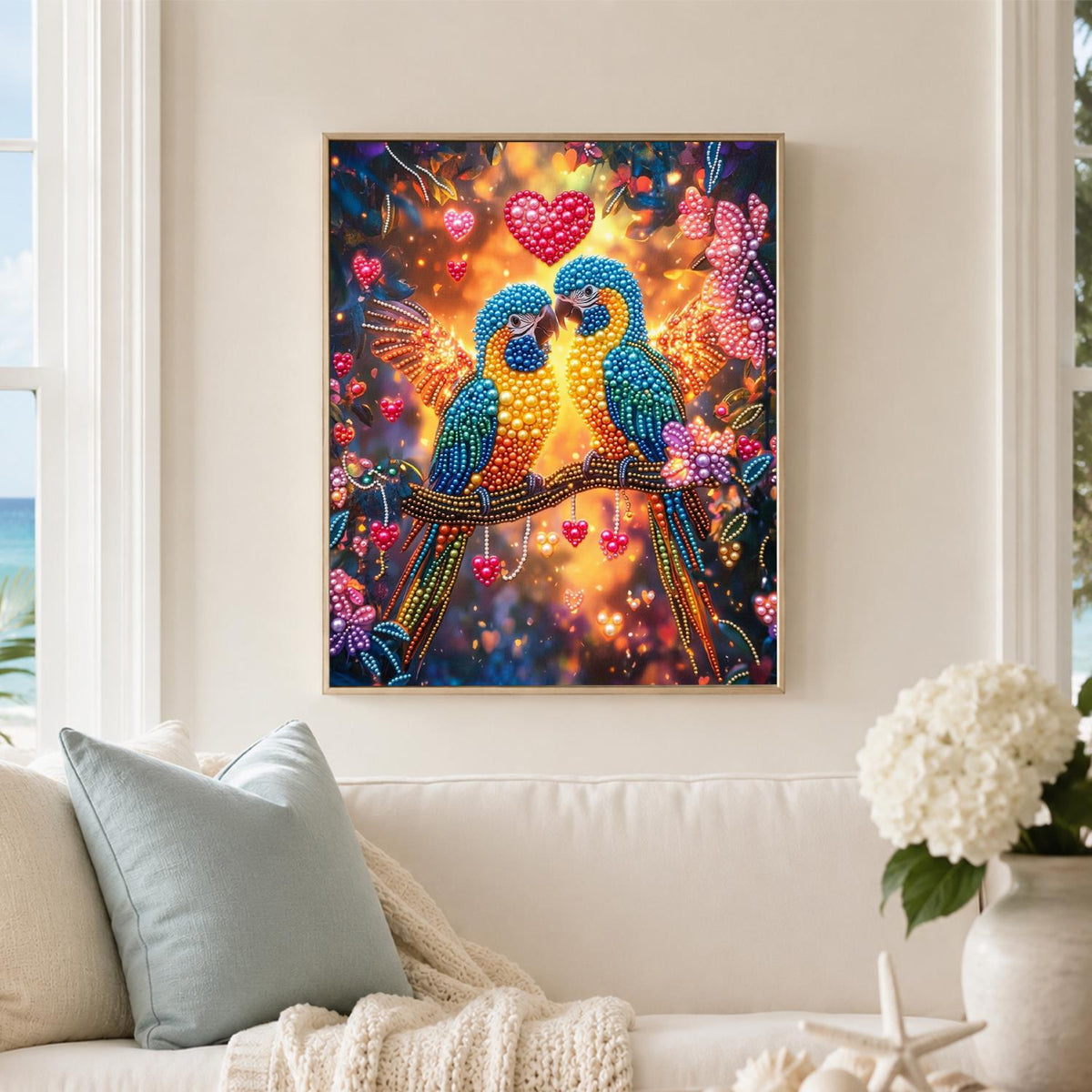Macaw Sweethearts Under Red Hearts pearl painting – image 3