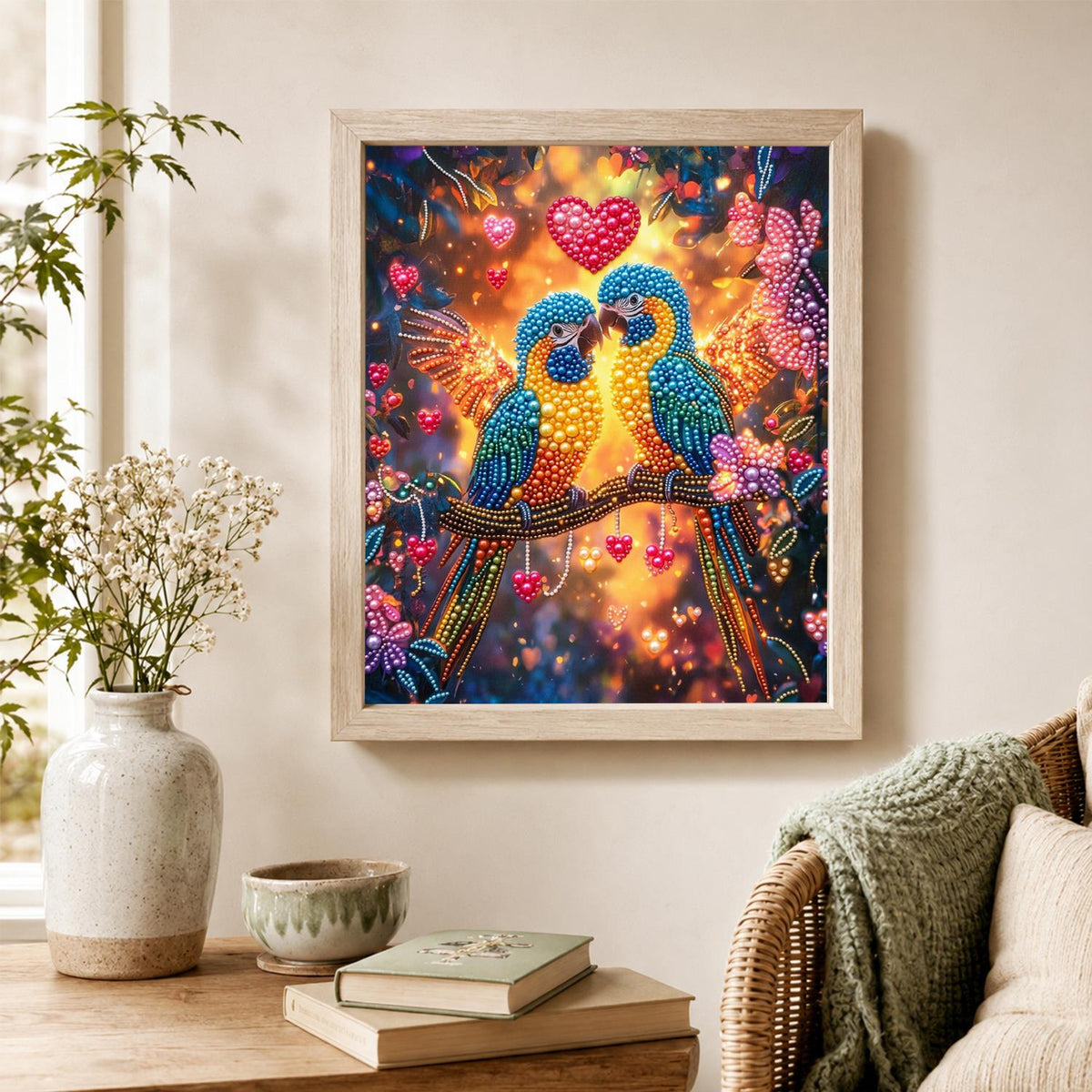 Macaw Sweethearts Under Red Hearts pearl painting – image 4
