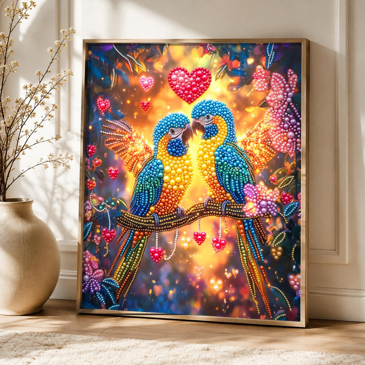 Macaw Sweethearts Under Red Hearts pearl painting – image 5