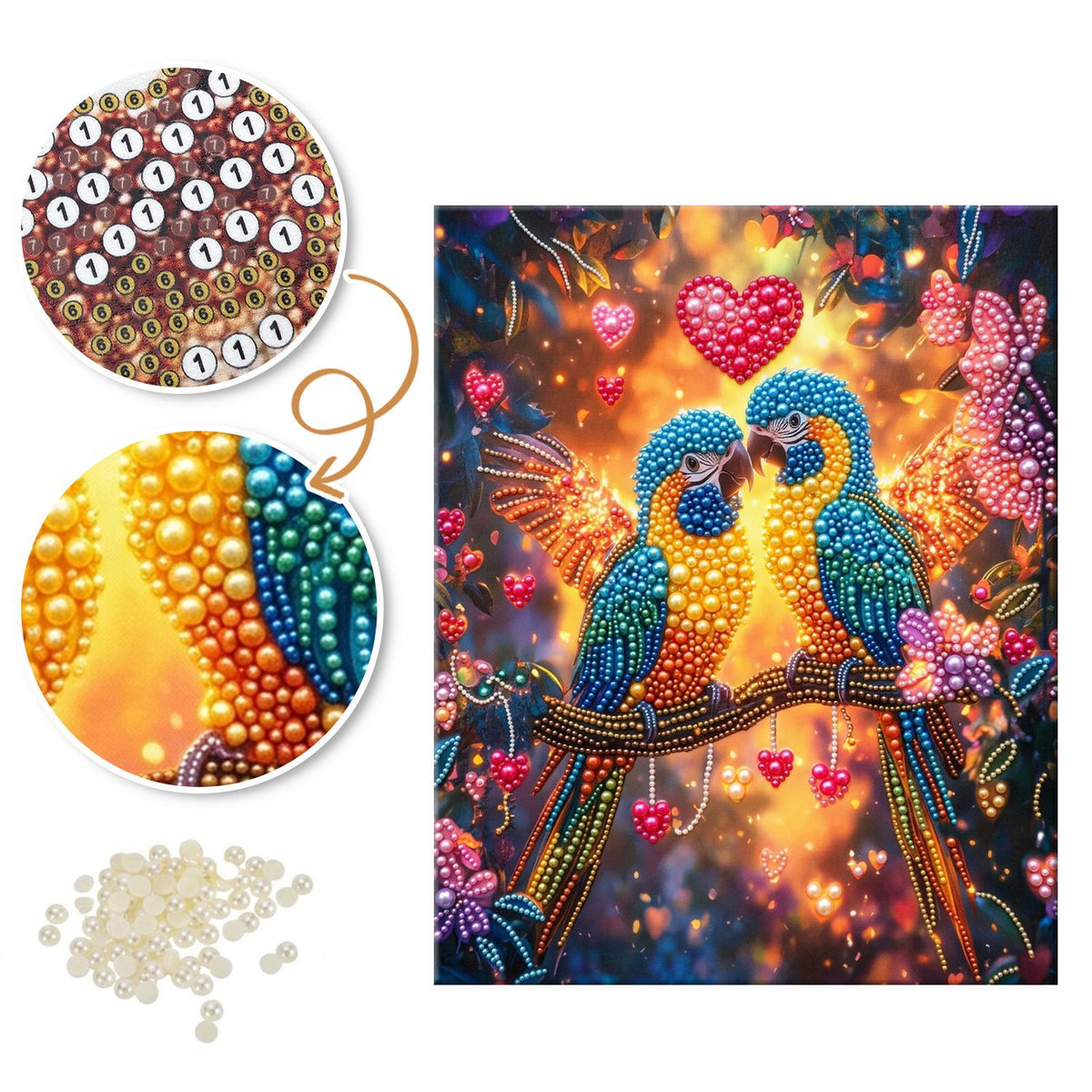 Macaw Sweethearts Under Red Hearts pearl painting – image 6