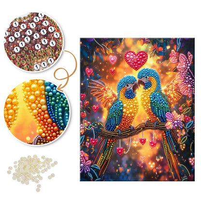 Macaw Sweethearts Under Red Hearts pearl painting – image 6