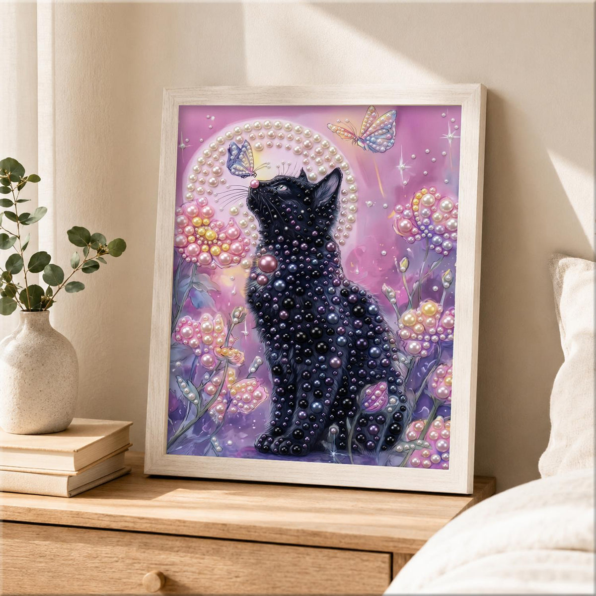 Midnight Kitty in Pink Blossoms pearl painting – image 2