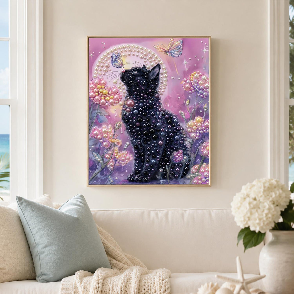 Midnight Kitty in Pink Blossoms pearl painting – image 3