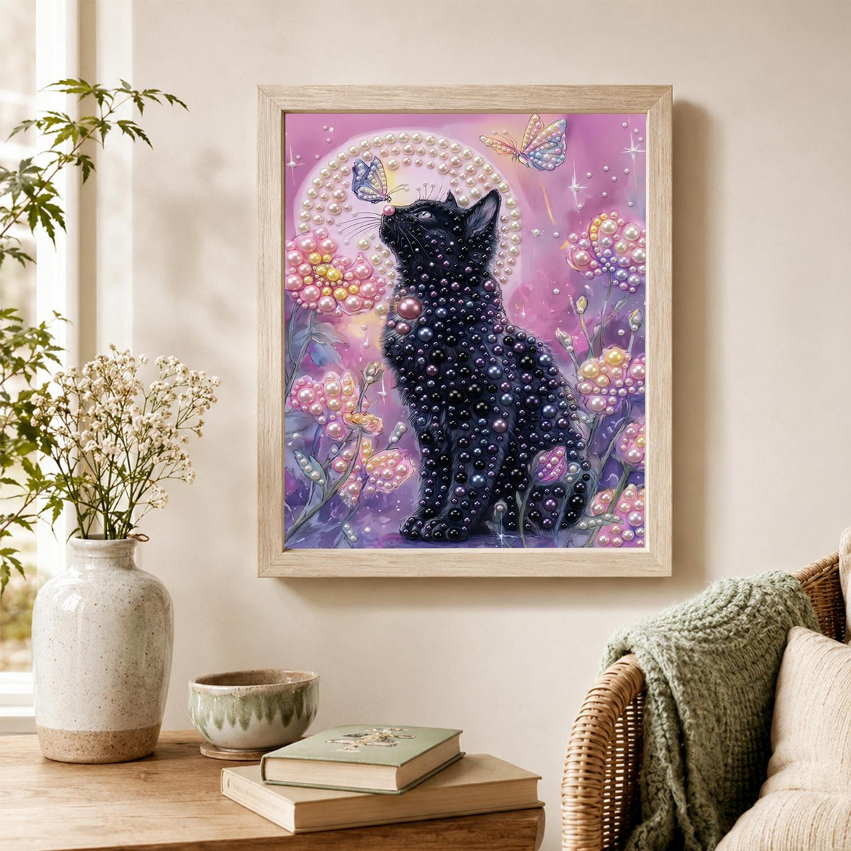 Midnight Kitty in Pink Blossoms pearl painting – image 4