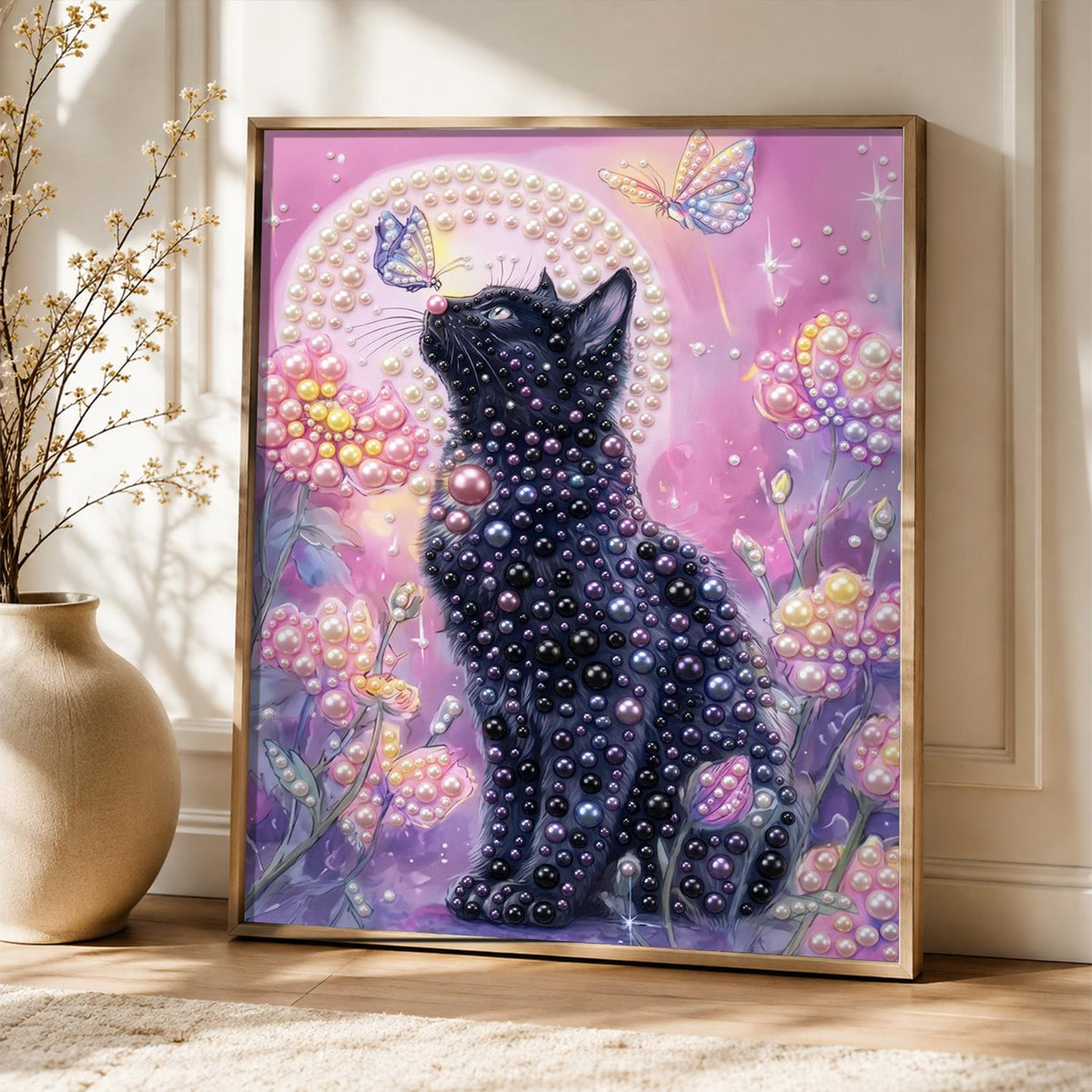 Midnight Kitty in Pink Blossoms pearl painting – image 5