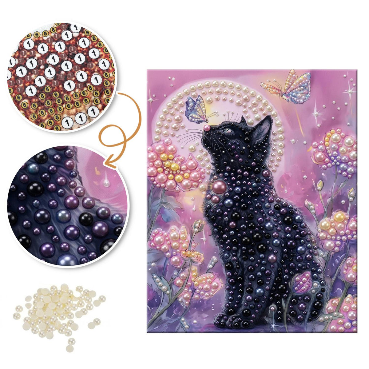 Midnight Kitty in Pink Blossoms pearl painting – image 6