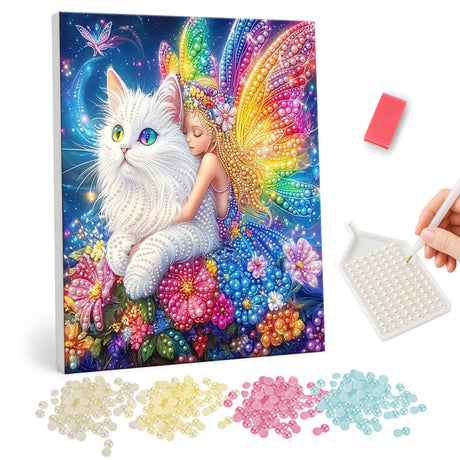 Tiny Fairy Hugging a White Cat pearl painting – Little fairy with rainbow wings hugging a fluffy white cat with odd-colored eyes among bright flowers
