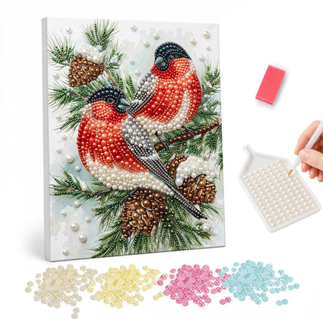 Bullfinch Pair on Pine Cones pearl painting – Two red-breasted bullfinches perched on a pine branch with pine cones and snow