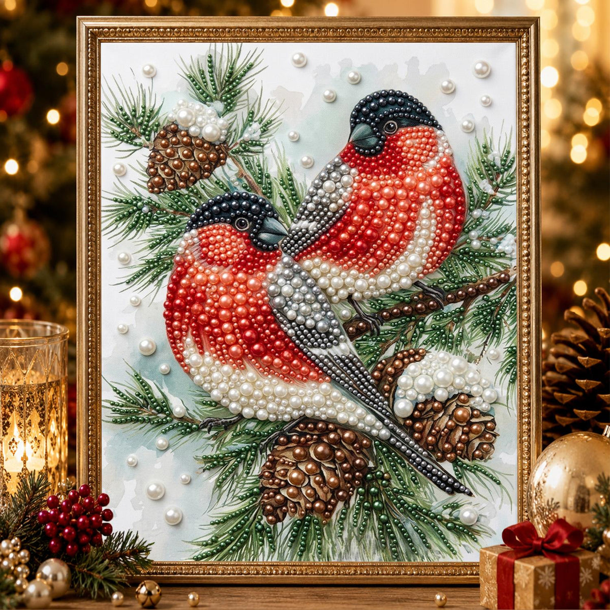 Bullfinch Pair on Pine Cones pearl painting – image 2
