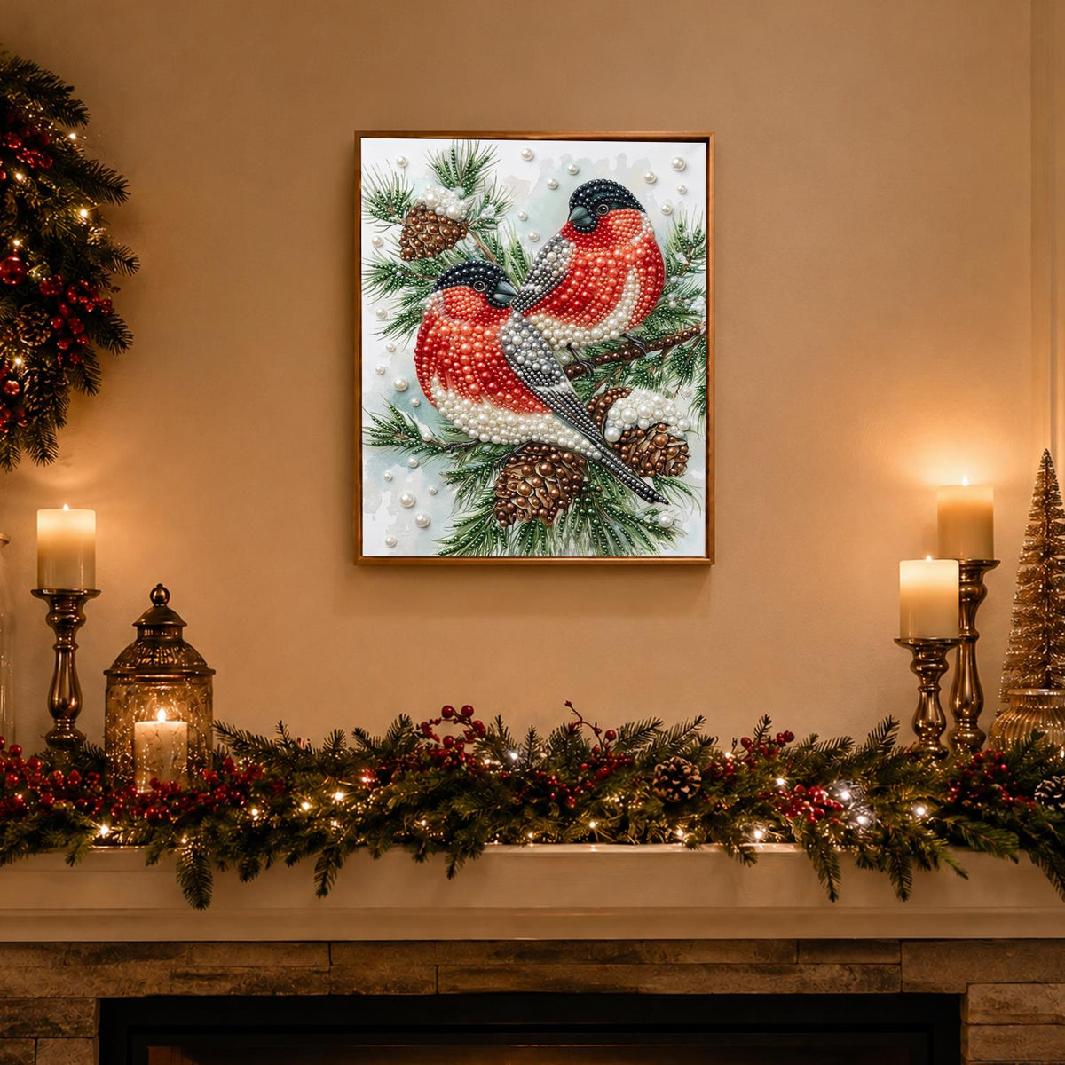 Bullfinch Pair on Pine Cones pearl painting – image 3