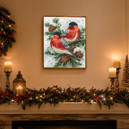 Bullfinch Pair on Pine Cones pearl painting – image 3