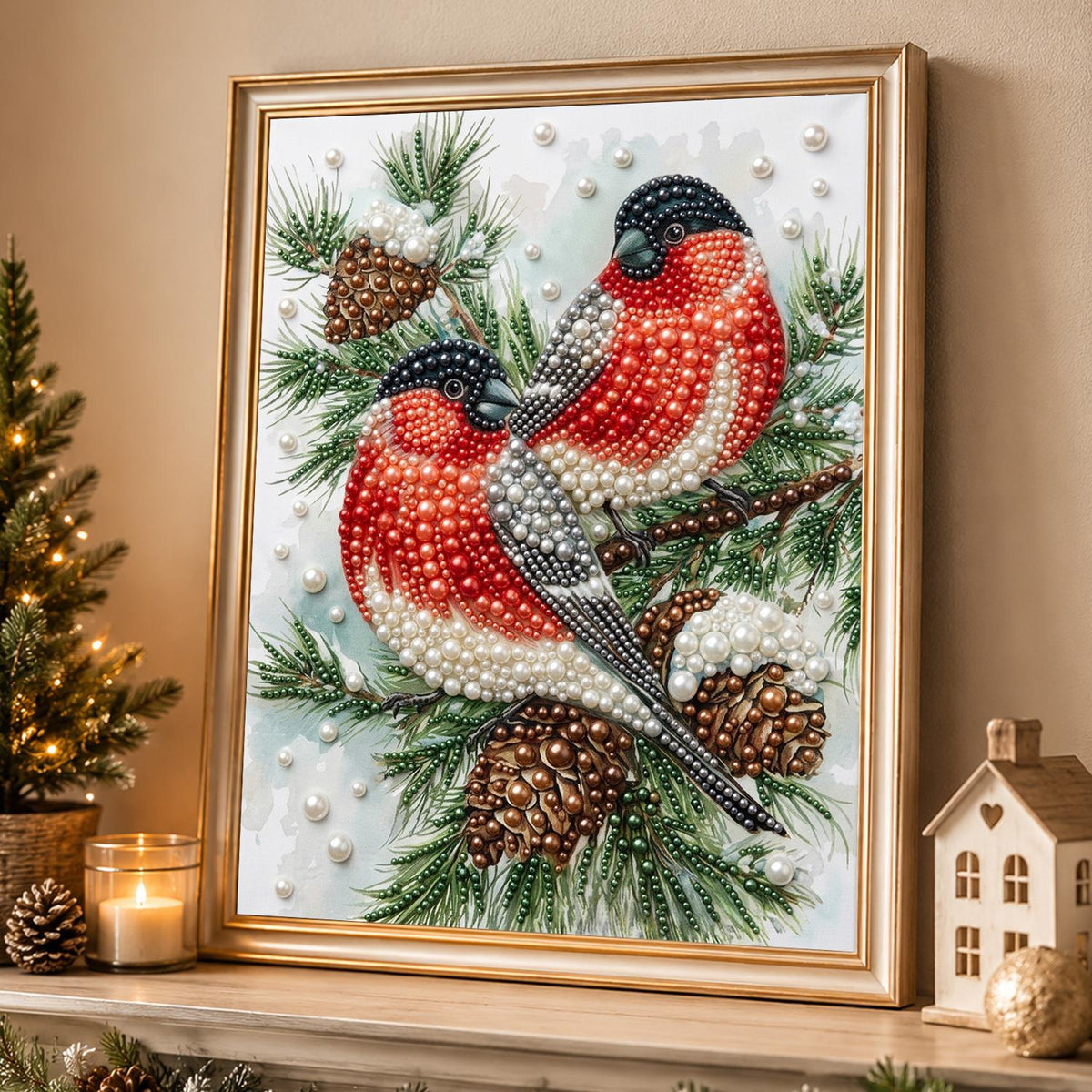 Bullfinch Pair on Pine Cones pearl painting – image 4