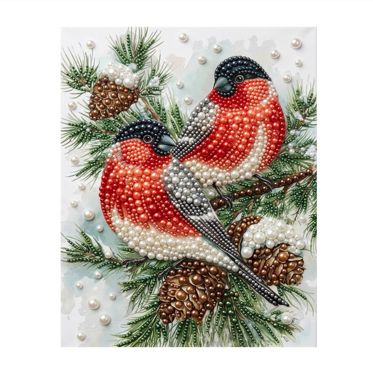 Bullfinch Pair on Pine Cones pearl painting – image 11