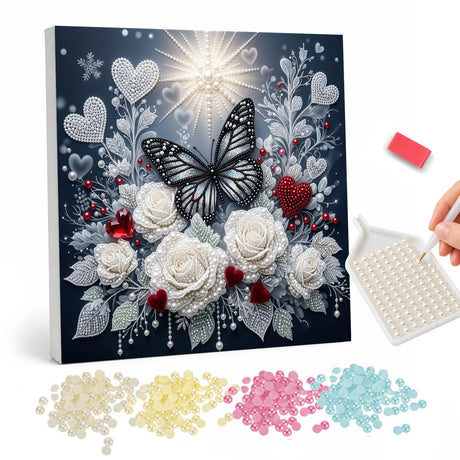 Ivory Roses and Black Wings pearl painting – Black and white butterfly resting on white roses with silver leaves and small red hearts on dark navy