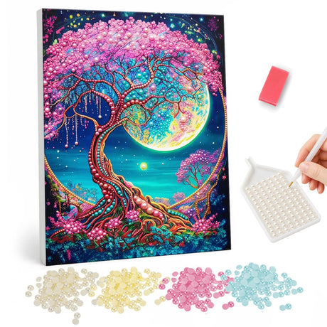 Cherry Tree Before a Full Moon pearl painting – Pink blossom tree with a twisting red trunk before a glowing full moon over a turquoise sea at night