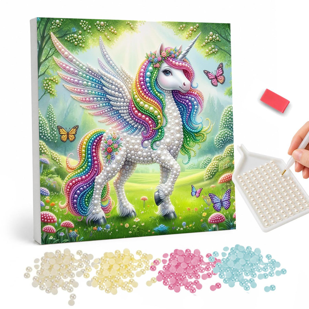 Unicorn in a Sunny Mushroom Glade pearl painting – White winged unicorn with a rainbow mane and rainbow-tipped wings standing in a sunny forest glade with butterflies