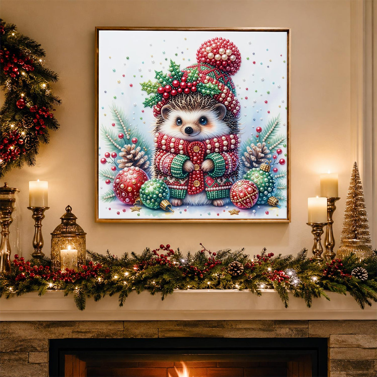 Hedgehog in a Holly Bobble Hat pearl painting – image 3